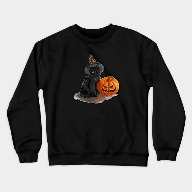 Witchy Cat & Mr.Pumpkin Crewneck Sweatshirt by Mavis Fox
